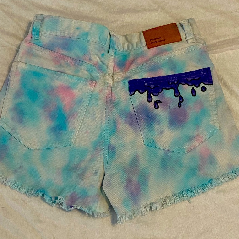Adorable paint drip tie dye denim fringe shorts